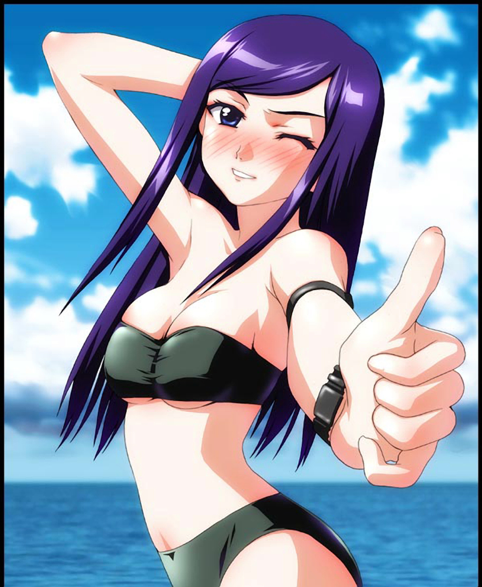 azumi amane, soshina nohito, kuga natsuki, my-hime, 00s, 1girl, armband, bandeau, bikini, blue eyes, blush, breasts, cleavage, covered navel, day, female focus, green bikini, large breasts, long hair, navel, one eye closed, purple hair, solo, swimsuit, thumbs up, underboob, water, wink