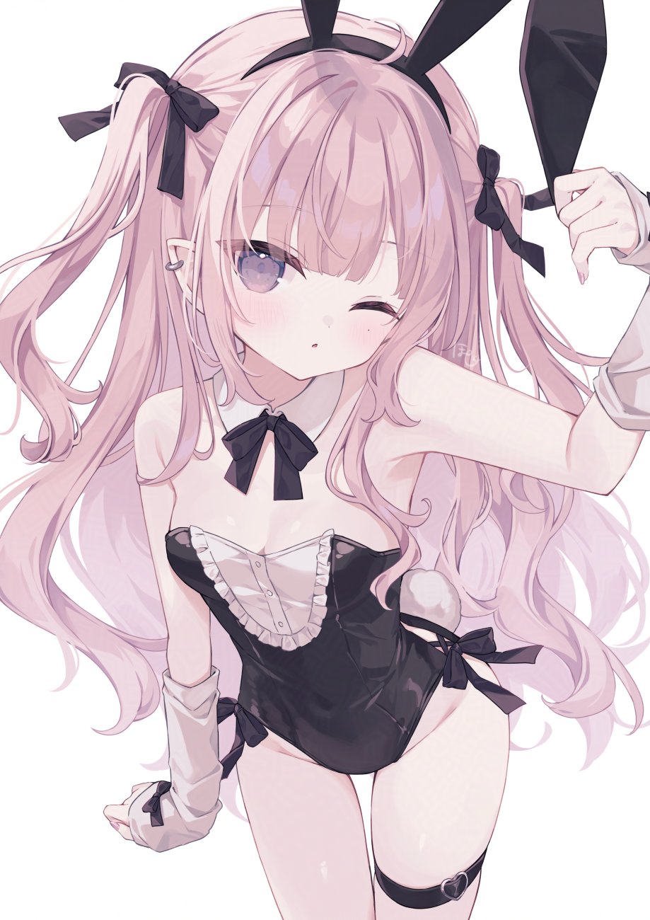 hoshi (snacherubi), original, commentary request, highres, 1girl, ahoge, animal ear hairband, animal ears, arm at side, arm up, arm warmers, black bow, black bowtie, black hairband, black leotard, blush, bow, bowtie, breasts, bunny day, cleavage, collar, covered navel, cowboy shot, cross-laced clothes, cross-laced leotard, detached collar, earclip, fake animal ears, from above, hair bow, hair over shoulder, hairband, heart, leotard, long hair, looking at viewer, medium breasts, one eye closed, parted lips, pink hair, purple eyes, rabbit ear hairband, rabbit ears, simple background, solo, standing, thigh strap, two side up, very long hair, wavy hair, white background, white collar