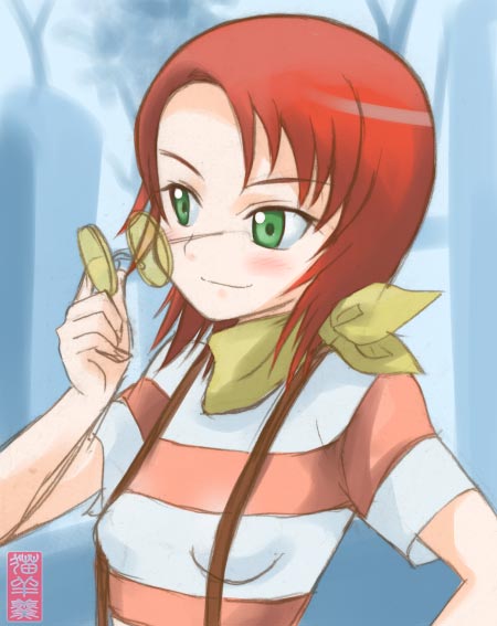 yuuki nao, my-hime, 00s, 1girl, ascot, blush, female focus, glasses, green eyes, head tilt, removing eyewear, shirt, short hair, smile, solo, striped clothes, striped shirt, suspenders, t-shirt, upper body