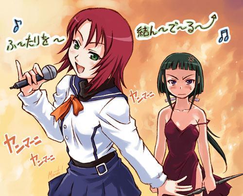 maruto!, okuzaki akira, yuuki nao, my-hime, duplicate, lowres, 00s, 2girls, angry, bare shoulders, dress, green eyes, green hair, karaoke, long hair, long sleeves, lyrics, microphone, multiple girls, music, pleated skirt, ponytail, purple eyes, red hair, school uniform, serafuku, short hair, singing, skirt, strap slip, sweat