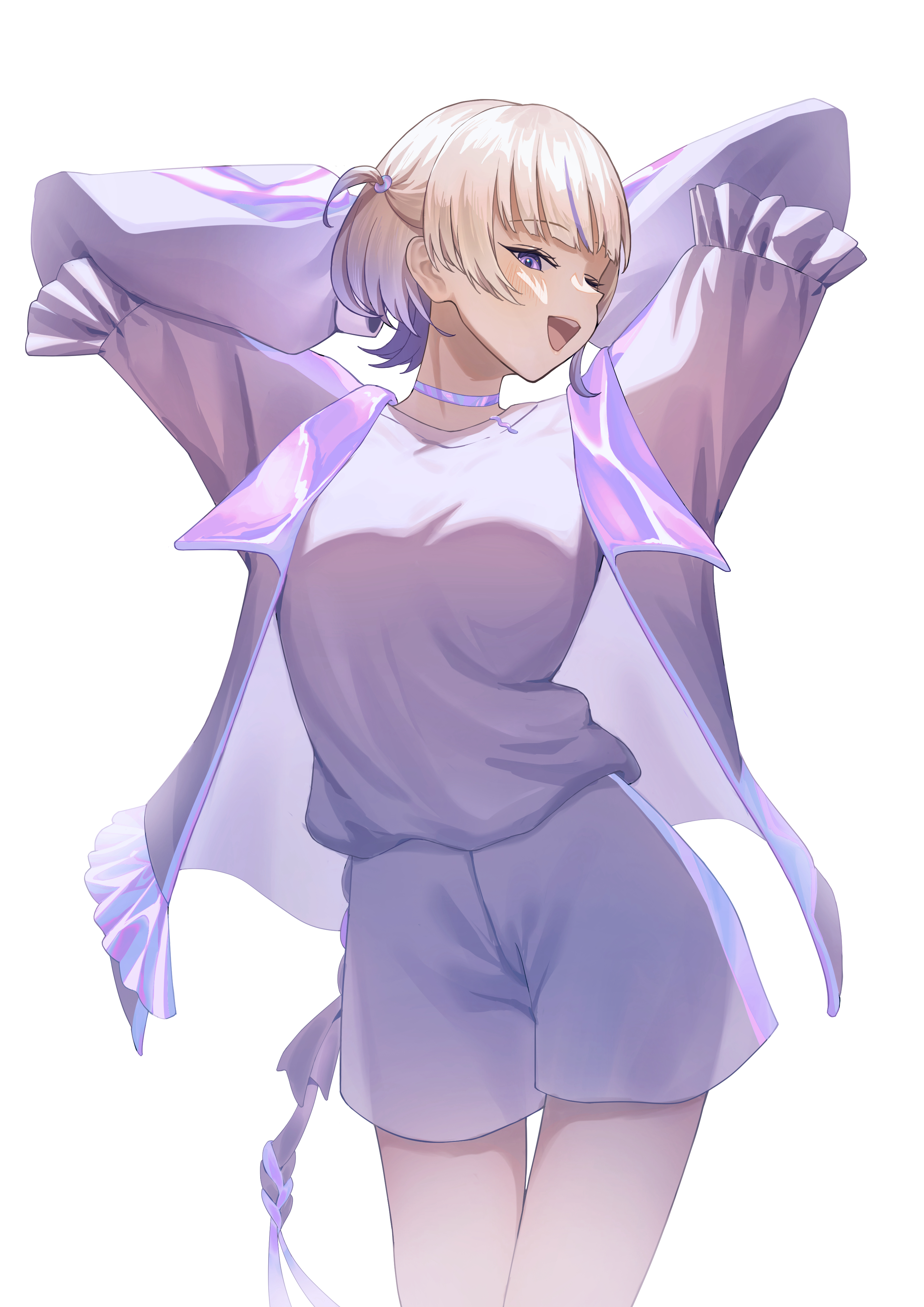 todoroki hajime, hololive, hololive dev is, absurdres, highres, 1girl, :d, arms behind head, arms up, blonde hair, blush, breasts, choker, cowboy shot, cuo298, jacket, looking at viewer, multicolored hair, open mouth, purple eyes, shirt, short hair, short shorts, shorts, simple background, small breasts, smile, solo, streaked hair, virtual youtuber, white background, white jacket, white shirt, white shorts
