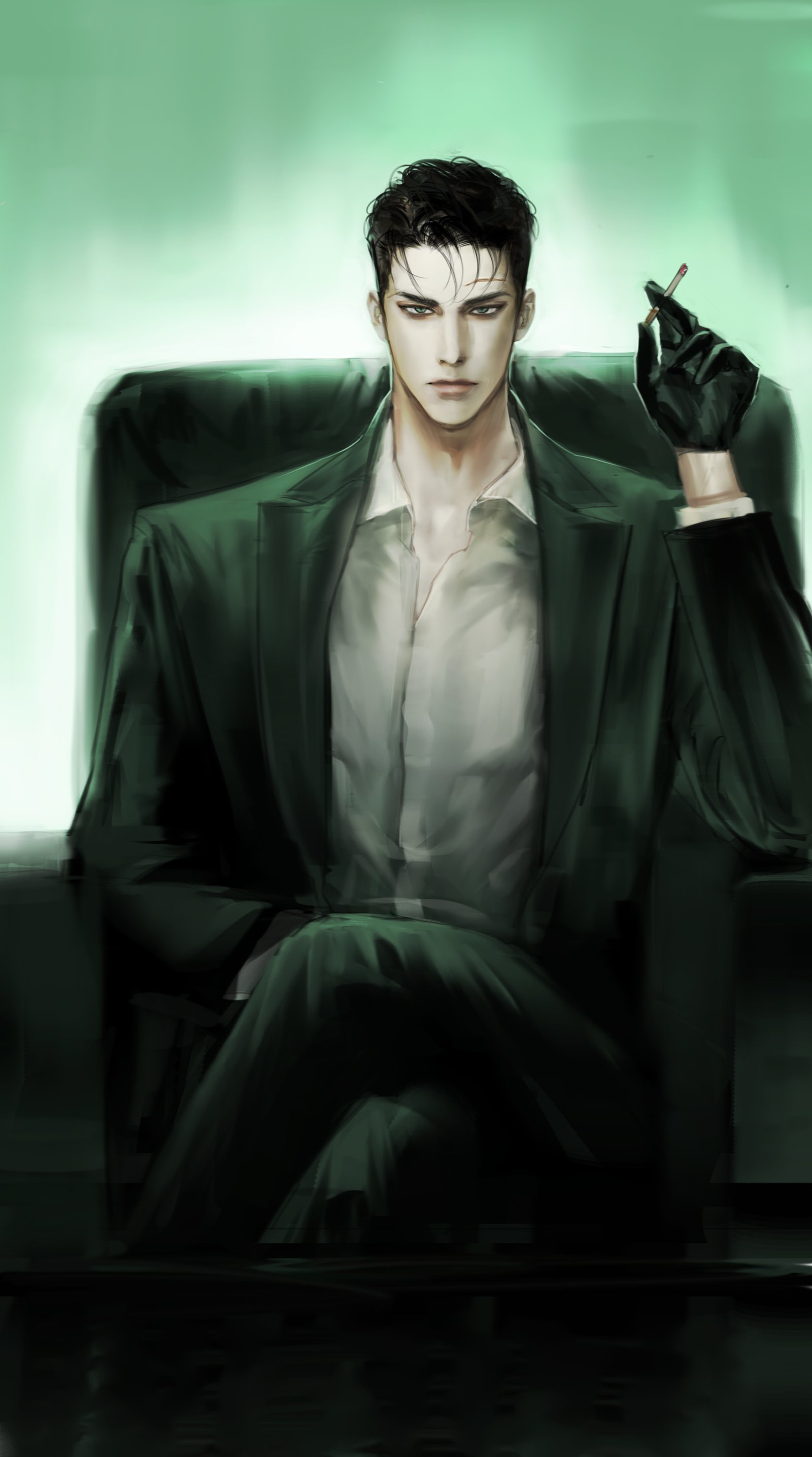 absurdres, highres, 1boy, black gloves, black hair, black jacket, cigarette, crossed legs, gloves, holding, holding cigarette, jacket, jin cheong-woo, looking at viewer, mature male, shirt, sitting, solo, under the greenlight, white shirt