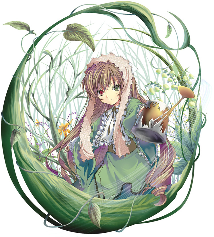 yamamoto nori, suiseiseki, rozen maiden, duplicate, 00s, 1girl, black ribbon, brown hair, character name, closed mouth, corset, dress, english text, female focus, foreshortening, frilled sleeves, frills, green dress, green eyes, headscarf, headset, heterochromia, holding, leaf, long hair, long sleeves, looking at viewer, outstretched arm, plant, red eyes, ribbon, smile, solo, upper body, very long hair, vines, watering can, white headscarf, wide sleeves