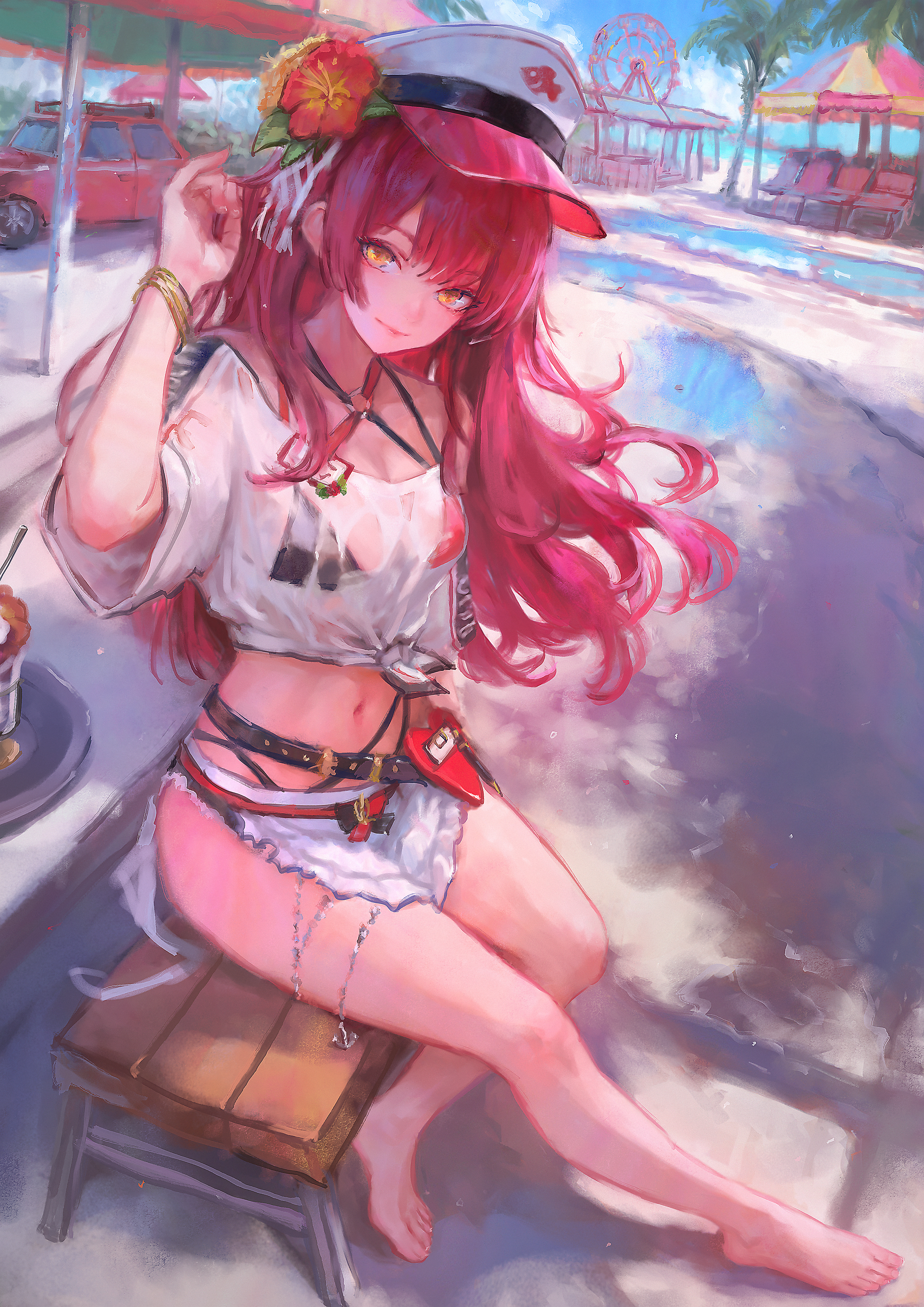 hjwhuhu, houshou marine, houshou marine (holonatsu paradise), hololive, absurdres, highres, 1girl, barefoot, belt, bracelet, car, closed mouth, cropped shirt, day, ferris wheel, flower, hair flower, hair ornament, hat, jewelry, long hair, looking at viewer, motor vehicle, navel, on bench, outdoors, palm tree, peaked cap, red hair, shirt, sitting, solo, t-shirt, tree, umbrella, virtual youtuber, white shirt, yellow eyes