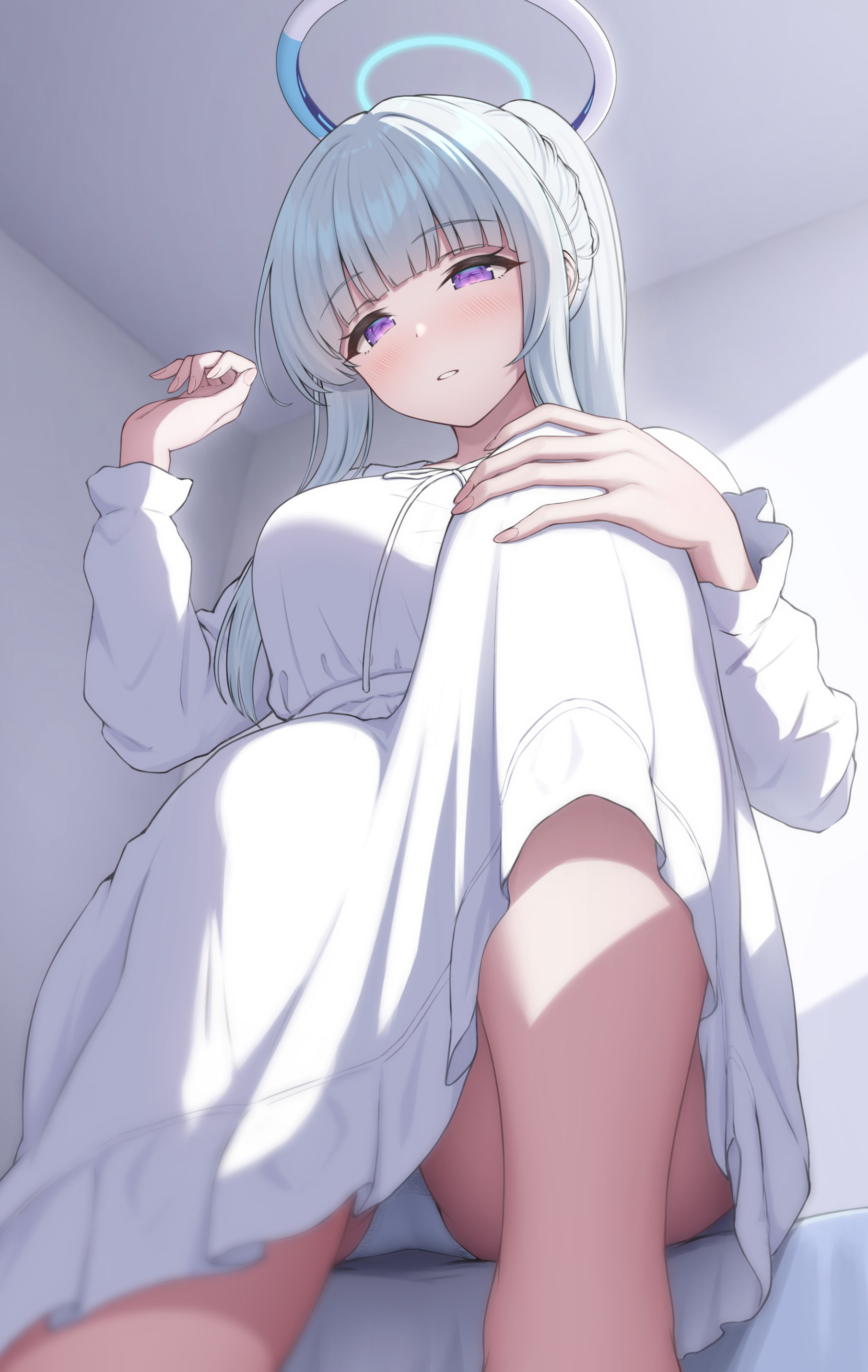 topgear, noa (blue archive), noa (pajamas) (blue archive), blue archive, absurdres, commentary request, highres, 1girl, :o, arched bangs, ass, bare legs, blunt bangs, blush, breasts, dress, from below, grey hair, halo, indoors, knee up, large breasts, long hair, long sleeves, looking at viewer, official alternate costume, panties, pantyshot, ponytail, purple eyes, sitting, sleepwear, solo, underwear, white dress, white panties