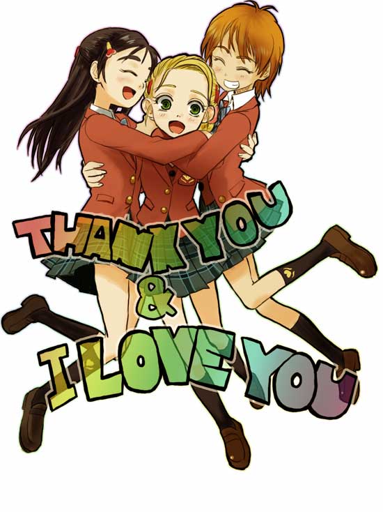 takano saki, kujou hikari, misumi nagisa, yukishiro honoka, futari wa precure, futari wa precure max heart, precure, striped neckwear, 00s, 3girls, black hair, black socks, blonde hair, bow, bowtie, brown hair, english text, green eyes, kneehighs, long hair, multiple girls, pleated skirt, rainbow text, school uniform, serafuku, short hair, skirt, socks, striped bow, striped bowtie, striped clothes, white background