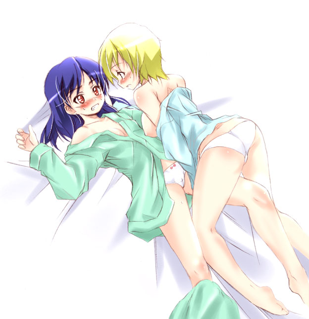 watase (owari), watase yukito, erstin ho, nina wang, my-otome, 00s, 2girls, blonde hair, blue hair, blush, bottomless, bow, bow panties, kneeling, lying, multiple girls, no pants, on back, pajamas, panties, red eyes, underwear, white panties, yuri