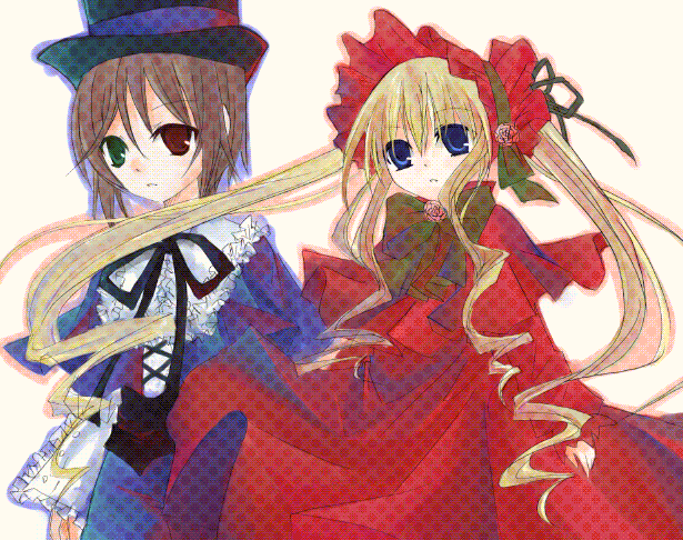 suzushiro kurumi, shinku, souseiseki, rozen maiden, 00s, 2girls, :o, blonde hair, blue dress, blue eyes, bow, brown hair, dress, frills, green eyes, hat, heterochromia, long hair, multiple girls, parted lips, red dress, red eyes, ribbon, teeth, top hat, twintails, upper body, very long hair