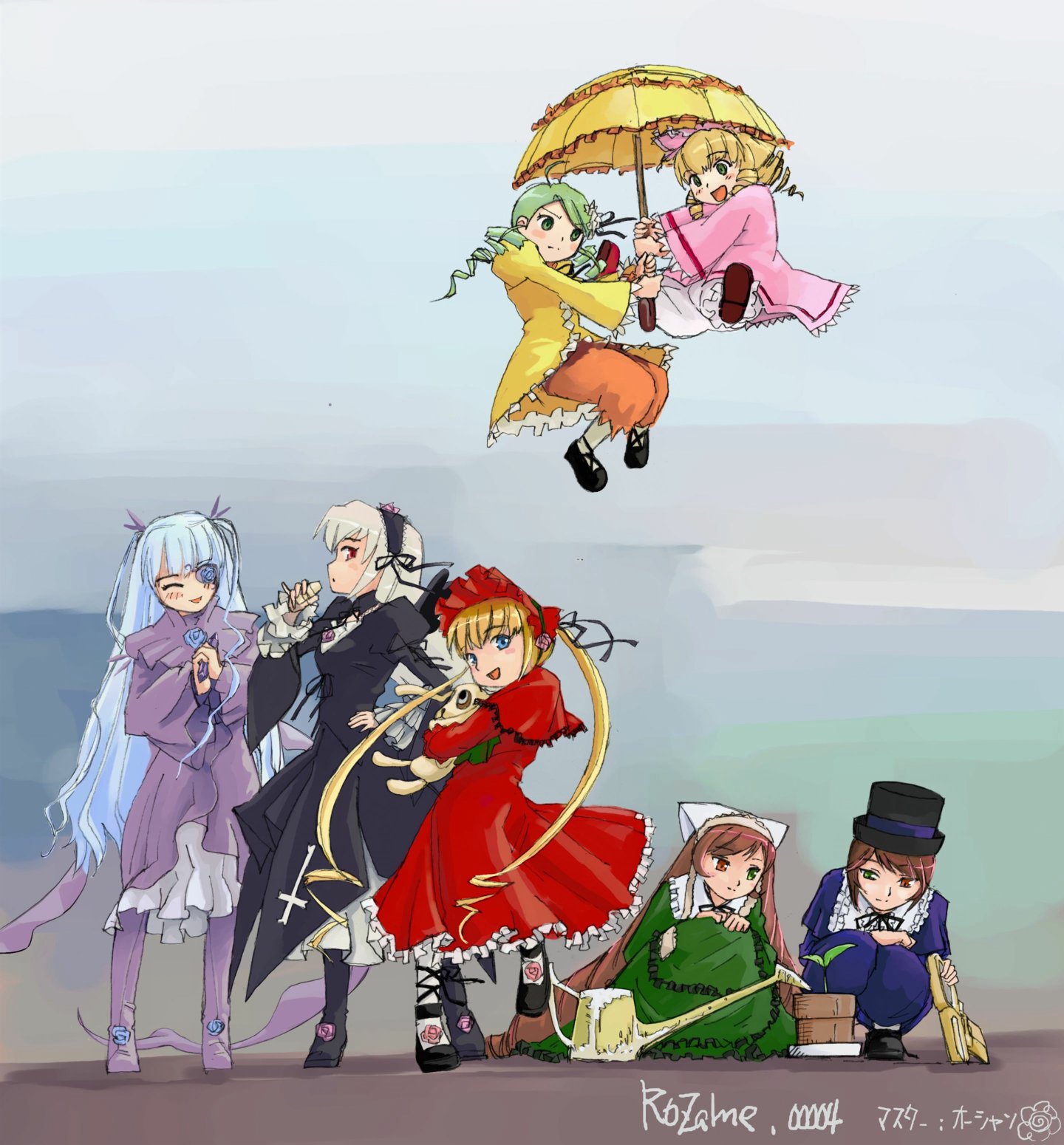 pinzu, barasuishou, hinaichigo, kanaria, shinku, souseiseki, suigintou, suiseiseki, rozen maiden, highres, 00s, 6+girls, ^ ^, black dress, blonde hair, bloomers, blush, closed eyes, dress, drill hair, floating, flower eyepatch, flower pot, full body, green dress, green hair, hairband, hat, heterochromia, multiple girls, outstretched leg, red dress, short hair, siblings, sisters, squatting, standing, stuffed animal, stuffed toy, top hat, twin drills, twins, twintails, umbrella, underwear, watering can, white bloomers