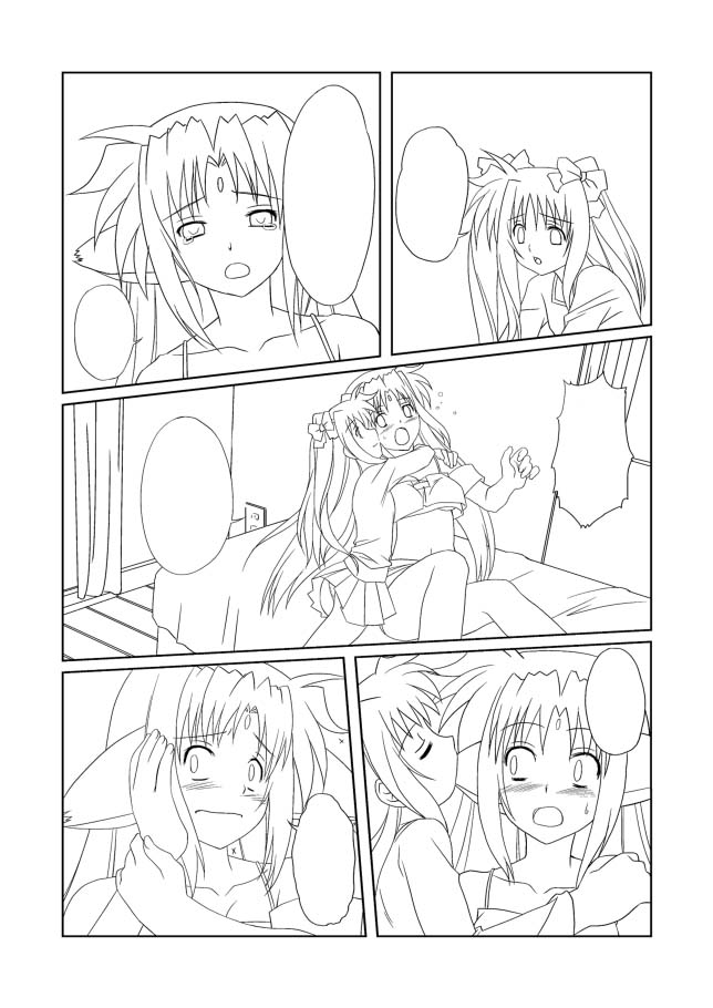 umekichi, arf, fate testarossa, lyrical nanoha, mahou shoujo lyrical nanoha, mahou shoujo lyrical nanoha a's, 00s, 2girls, bed, blank speech bubble, bra, comic, curtains, flying sweatdrops, greyscale, hair ribbon, hug, long hair, monochrome, multiple girls, navel, on bed, pajamas, ribbon, sitting, speech bubble, tears, twintails, underwear, upper body, very long hair, waking up