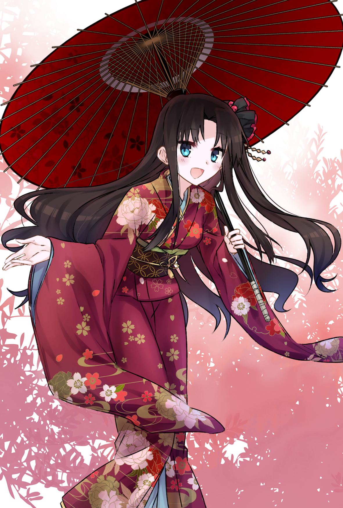 ouhina, fate (series), character request, commentary request, highres, 1girl, blue eyes, feet out of frame, floral print, floral print kimono, hair ornament, holding, holding umbrella, japanese clothes, kimono, long hair, obi, obijime, oil-paper umbrella, open mouth, pale skin, print kimono, red kimono, sash, smile, solo, umbrella, wavy hair, wide sleeves