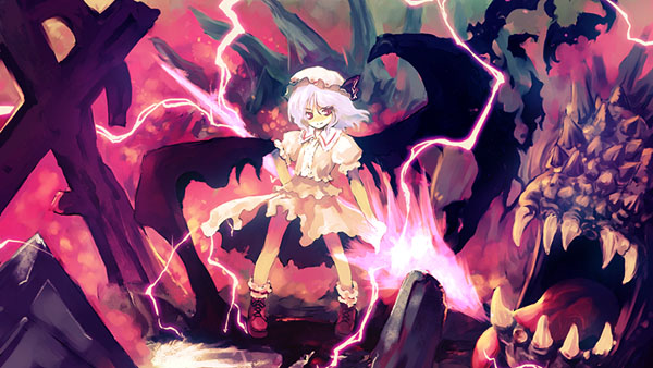 tokiame, remilia scarlet, touhou, 1girl, female focus, hand on own hip, hat, legs apart, purple hair, red eyes, ribbon, short hair, solo, spear the gungnir, standing, weapon, wings