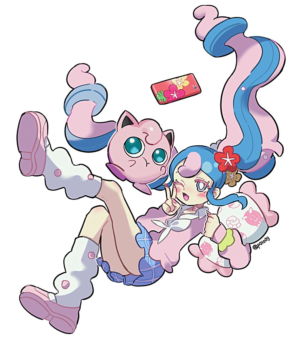 michelin (p0lo09), fairy miku (project voltage), hatsune miku, jigglypuff, nintendo, pokemon, project voltage, vocaloid, commentary request, korean commentary, 1girl, :t, ;d, aqua eyes, blue hair, blue skirt, bow, bowtie, bright pupils, collared shirt, curly hair, double-parted bangs, floating hair, flower, frilled pillow, frills, full body, gen 1 pokemon, grey eyes, hair between eyes, hair flower, hair ornament, holding, holding pillow, kneehighs, knees together feet apart, leg up, loafers, long sleeves, looking at viewer, loose socks, miniskirt, multicolored hair, nail polish, one eye closed, open mouth, outline, pillow, pink hair, pink nails, pink shirt, pink shoes, plaid clothes, plaid skirt, pleated skirt, pokemon (creature), puffy long sleeves, puffy sleeves, red flower, shirt, shoes, sidelocks, simple background, skirt, smile, socks, solo, streaked hair, twintails, twitter username, two-tone hair, v, v over eye, white background, white bow, white bowtie, white outline, white pupils, white socks, yellow flower