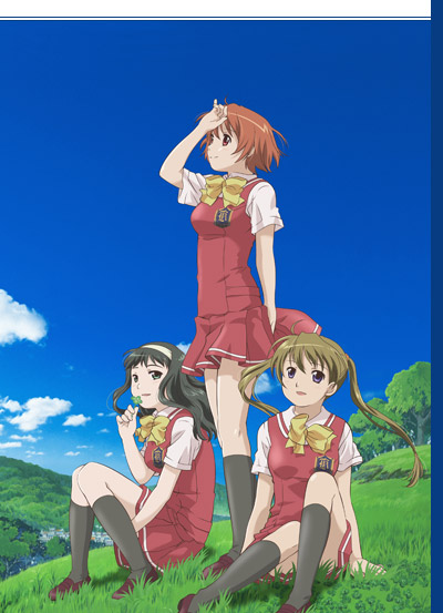iwasa tomoko, kamiizumi yasuna, kurusu tomari, osaragi hazumu, kashimashi, looking away, official art, 00s, 3girls, :d, black hair, black socks, blue eyes, bow, brown hair, cityscape, cloud, clover, convenient leg, day, dress, four-leaf clover, genderswap, genderswap (mtf), grass, green eyes, hairband, kneehighs, loafers, long hair, looking at viewer, multiple girls, nature, on ground, open mouth, orange eyes, outdoors, pleated skirt, profile, red eyes, school uniform, scrunchie, serafuku, shading eyes, shoes, short dress, short hair, sitting, skirt, sky, smile, socks, standing, tree, twintails, wavy hair, wind
