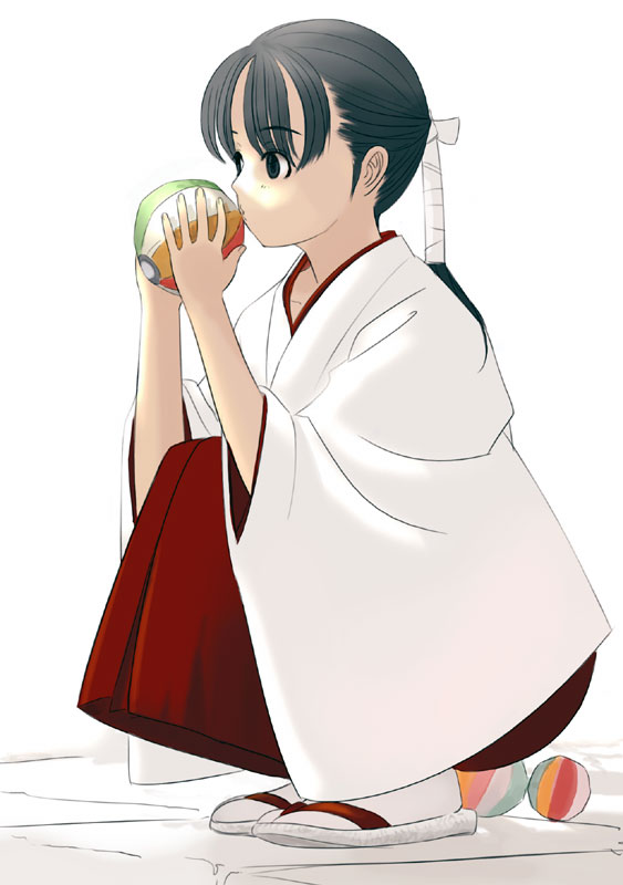 kiriman (souldeep), original, 1girl, ball, black hair, female focus, hakama, hakama skirt, japanese clothes, miko, red hakama, skirt, solo, squatting