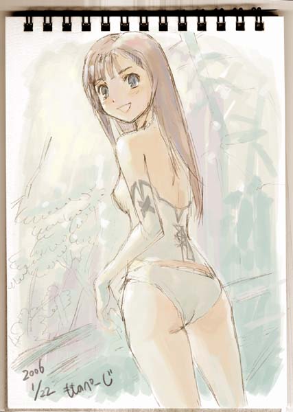 momose hisashi, original, back, bare shoulders, brown eyes, brown hair, elbow gloves, gloves, long hair, looking back, midriff, panties, solo, underwear, white panties