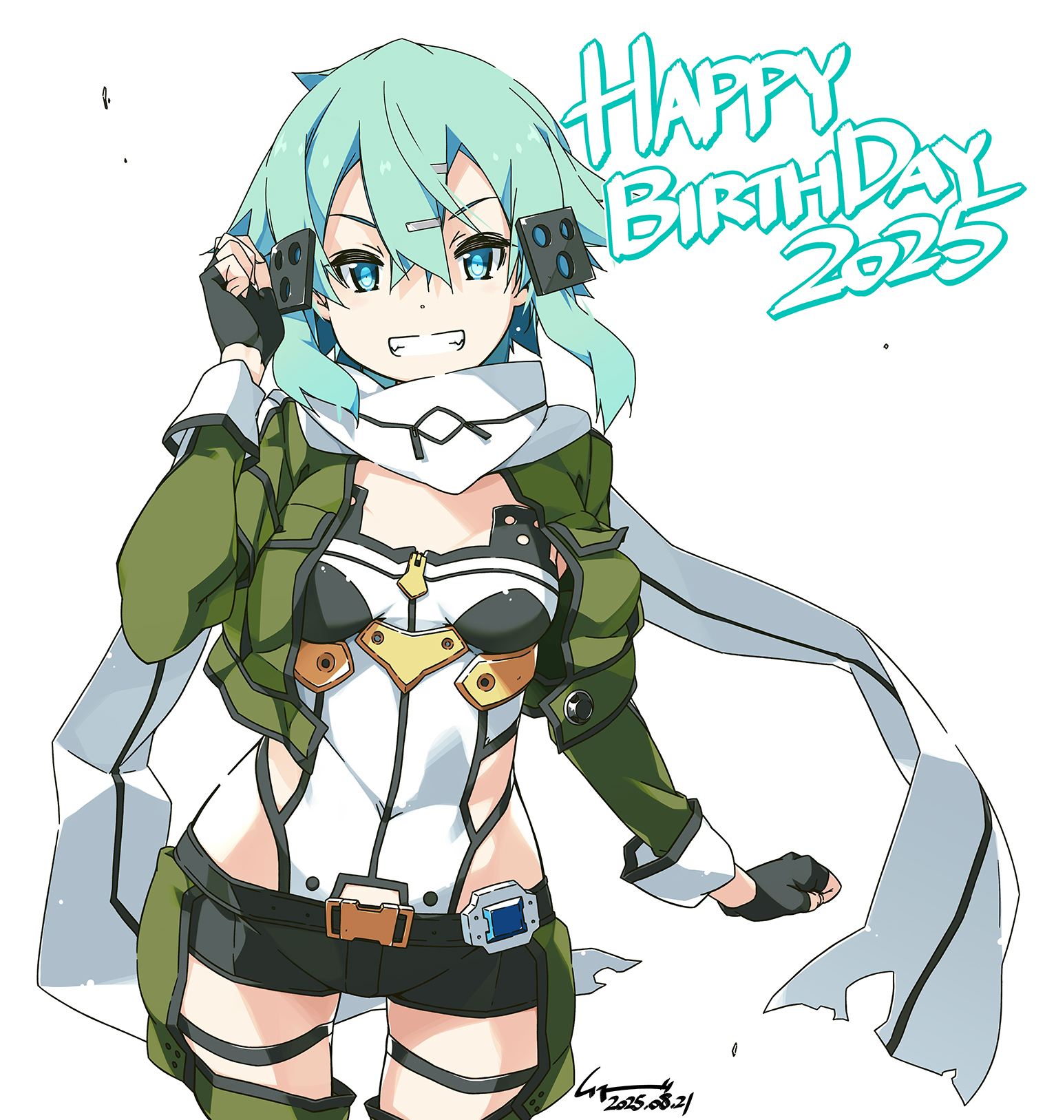 shikei, sinon, sword art online, highres, 1girl, aqua hair, black gloves, blue eyes, breasts, clenched teeth, cropped jacket, fingerless gloves, gloves, green jacket, jacket, leotard, long hair, looking at viewer, open mouth, scarf, shorts, skindentation, small breasts, solo, standing, teeth, thigh strap, white background, white leotard