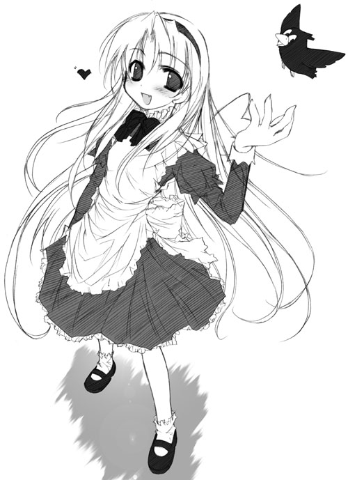 yumesato makura, alice (alice in wonderland), alice (alicesoft), alice's adventures in wonderland, alice soft, 1girl, bird, crow, female focus, greyscale, monochrome, simple background, solo, white background