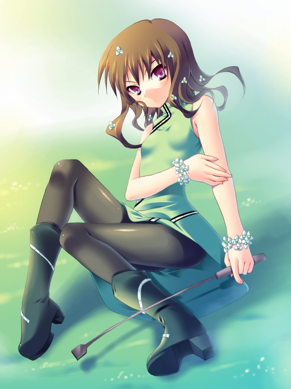 komi zumiko, 1girl, blush, boots, bracelet, breasts, brown hair, female focus, flower, green boots, hair ornament, jewelry, pantyhose, purple eyes, red eyes, riding crop, sitting, sleeveless, small breasts, solo