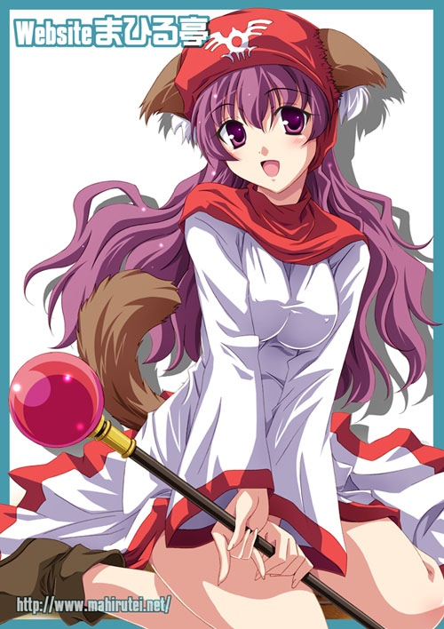 izumi mahiru, princess of moonbrook, chunsoft, dragon quest, dragon quest ii, enix, 1980s (style), animal ears, dog ears, long hair, oldschool, purple eyes, purple hair, solo, staff, tail