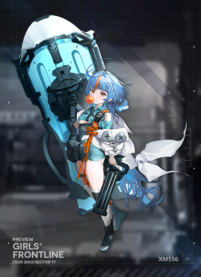 xm556 (girls' frontline), girls' frontline, commentary, english commentary, official art, 1girl, backpack, bag, black boots, blue hair, blue shirt, boots, character name, chewing gum, english text, gatling gun, gun, holding, holding gun, holding weapon, lab coat, long hair, multicolored hair, open clothes, orange hair, shirt, sleeveless, sleeveless shirt, solo, very long hair, weapon, xm556 microgun