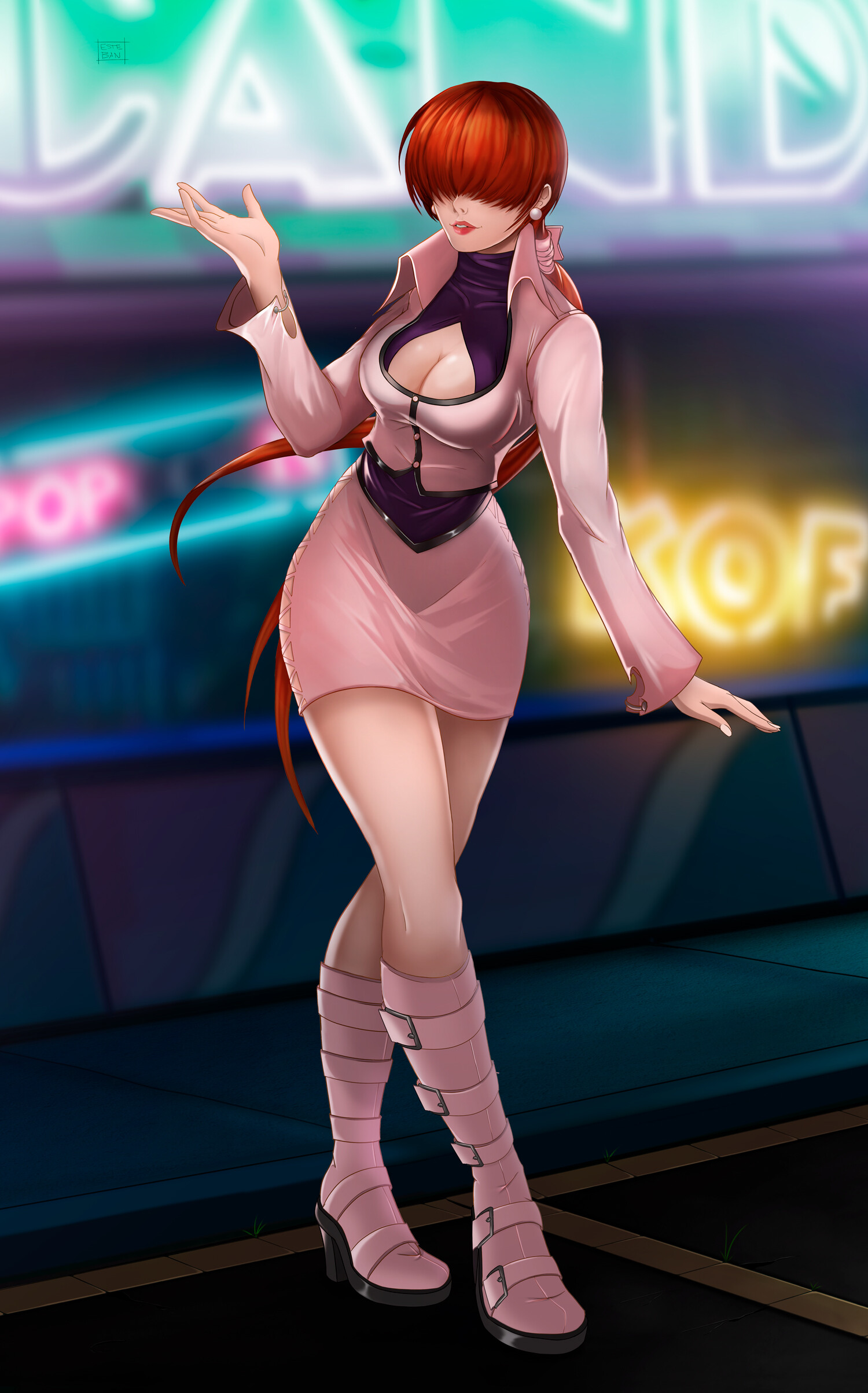 teban19, shermie (kof), the king of fighters, 1girl, amusement park, boots, breasts, cleavage, cleavage cutout, clothing cutout, curvy, dress, earrings, female focus, fishnets, high heels, huge breasts, jacket, jewelry, large breasts, long hair, neon lights, outdoors, pale skin, park, ponytail, red hair, shiny clothes, shiny skin, skirt, smile, standing, thick thighs, thighs, twintails, wide hips