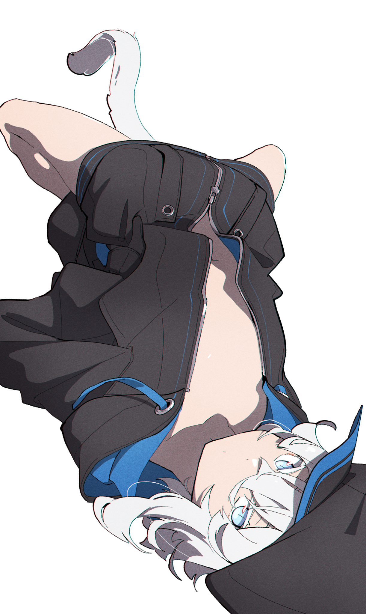 yamunashi (soregoshi), subaru (yamunashi), original, highres, 1girl, arched back, black hat, black jacket, blue eyes, cat tail, colored eyelashes, drawstring, flat chest, hair between eyes, hands on own hips, hat, hood, hood down, hooded jacket, jacket, looking at viewer, lying, naked jacket, navel, partially unzipped, simple background, slit pupils, solo, tail, white background, white eyelashes, white hair, zipper pull tab