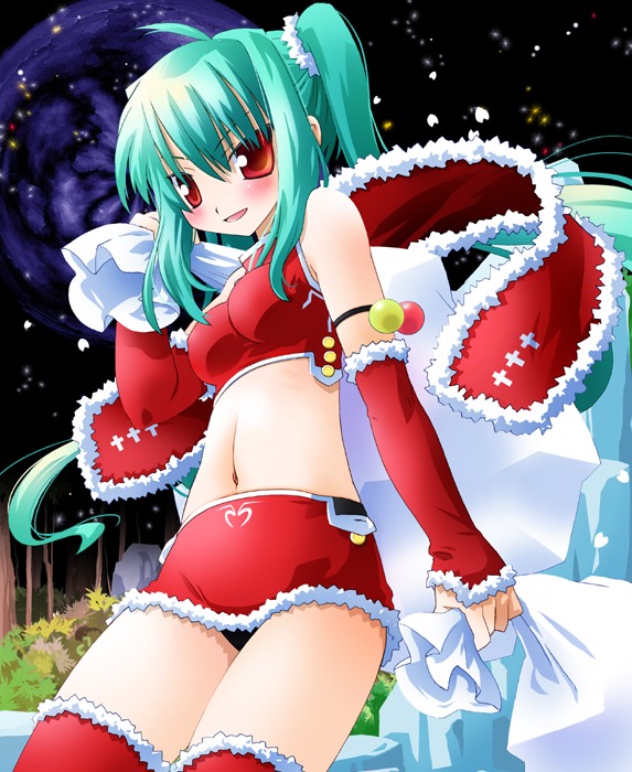 noto (soranoto), original, 1girl, aqua hair, armlet, christmas, female focus, jewelry, santa costume, solo, thighhighs, twintails