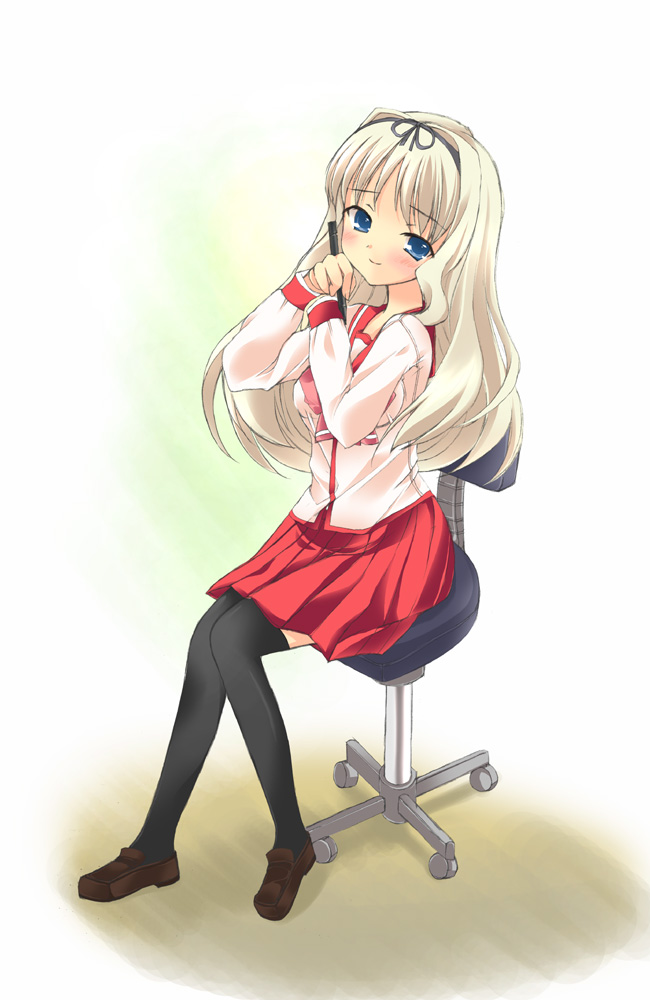 setins, kusugawa sasara, to heart (series), to heart 2, 00s, brown shoes, chair, kneehighs, office chair, pleated skirt, school uniform, serafuku, shoes, skirt, socks, solo, swivel chair, thighhighs