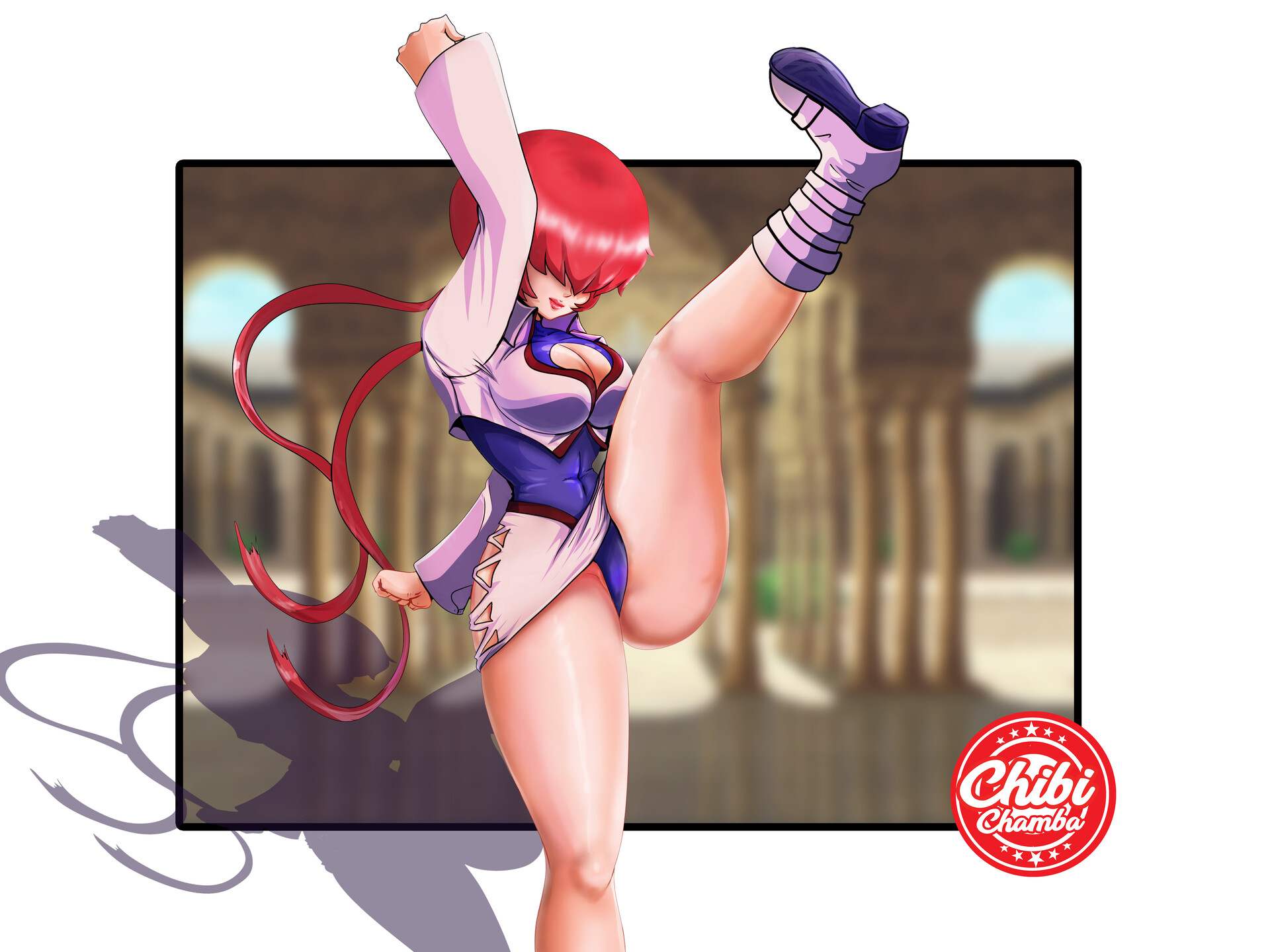 chibichamba, shermie (kof), the king of fighters, 1girl, boots, breasts, cameltoe, cleavage cutout, clothes lift, clothing cutout, curvy, female focus, fishnets, gluteal fold, gymnastics, huge breasts, jacket, large breasts, leg up, long hair, long sleeves, pale skin, ponytail, red hair, shiny skin, skirt, skirt lift, smile, standing, standing on one leg, thick thighs, thighs, upskirt, wide hips