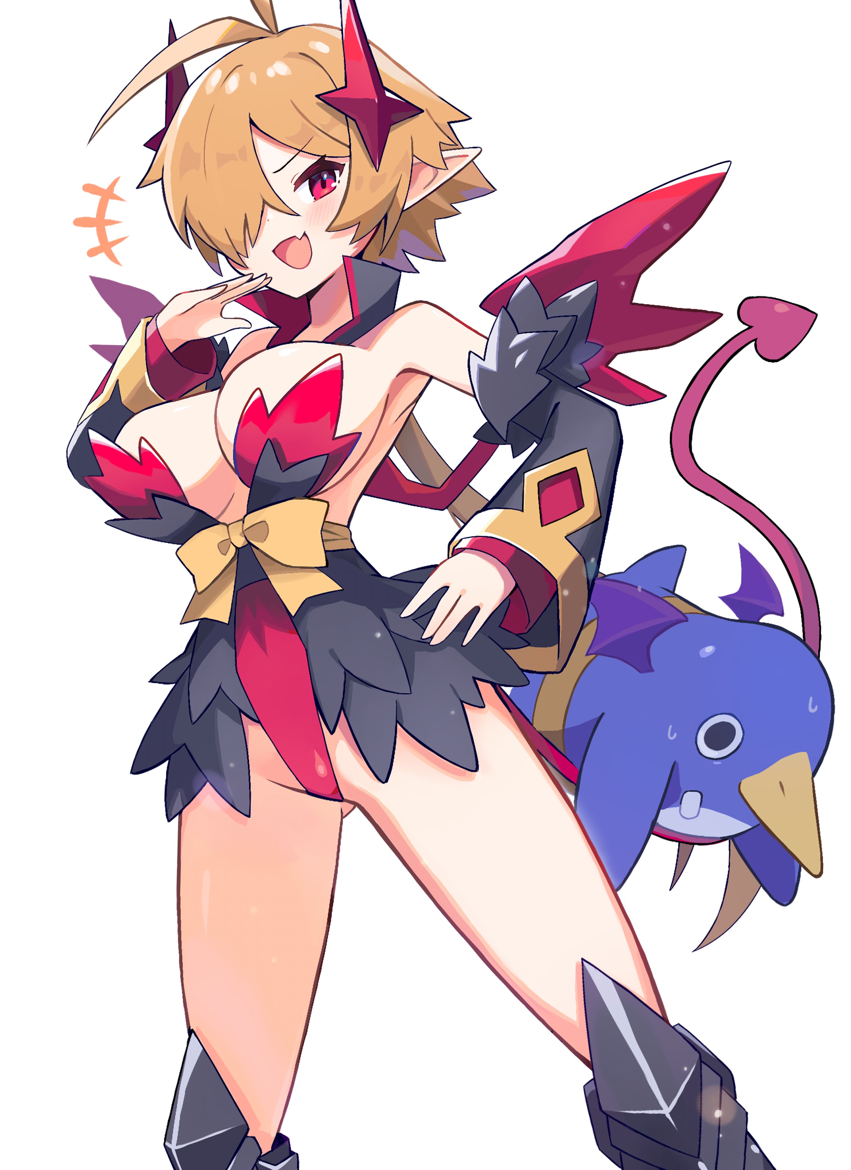 bakeneko1212, lucy (disgaea), prinny, disgaea, disgaea rpg, absurdres, highres, 1girl, :d, antenna hair, armored boots, boots, bow, breasts, brown hair, demon girl, demon tail, demon wings, detached collar, detached sleeves, fur-trimmed sleeves, fur trim, large breasts, ojou-sama pose, open mouth, pointy ears, red eyes, short hair, simple background, smile, sweatdrop, tail, thighs, waist bow, white background, wings, yellow bow