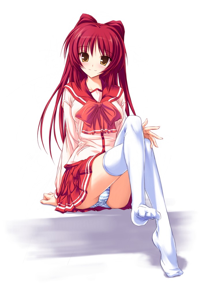 tenmaso, kousaka tamaki, to heart (series), to heart 2, 00s, 1girl, blue panties, bow, crossed legs, feet, female focus, long hair, miniskirt, panties, pantyshot, pink bow, pleated skirt, red hair, ribbon, school uniform, serafuku, simple background, sitting, skirt, solo, striped clothes, striped panties, thighhighs, underwear, upskirt, white thighhighs, yellow eyes