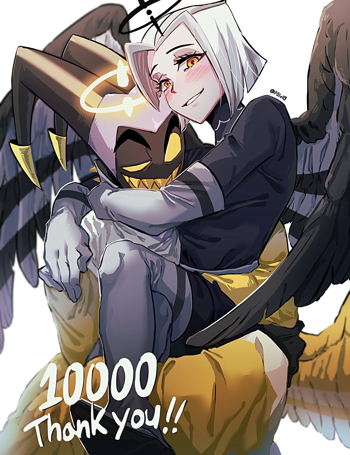 michelin (p0lo09), adam (hazbin hotel), lute (hazbin hotel), hazbin hotel, hellaverse, commentary, english commentary, highres, 1boy, 1girl, :d, arm around neck, arm around shoulder, armored boots, armored gloves, black gloves, black halo, black wings, blush, bob cut, boots, carrying, carrying person, colored sclera, colored teeth, dress, elbow gloves, feathered wings, feet out of frame, gloves, glowing, glowing halo, grey boots, grey dress, grey gloves, grin, halo, hand on another's shoulder, horns, hug, long sleeves, looking at viewer, mask, milestone celebration, open mouth, outline, robe, sharp teeth, short hair, simple background, smile, teeth, thigh boots, twitter username, two-tone wings, uneven eyes, upper body, white background, white hair, white halo, white outline, white wings, wide sleeves, wings, yellow eyes, yellow robe, yellow sclera, yellow teeth, yellow wings