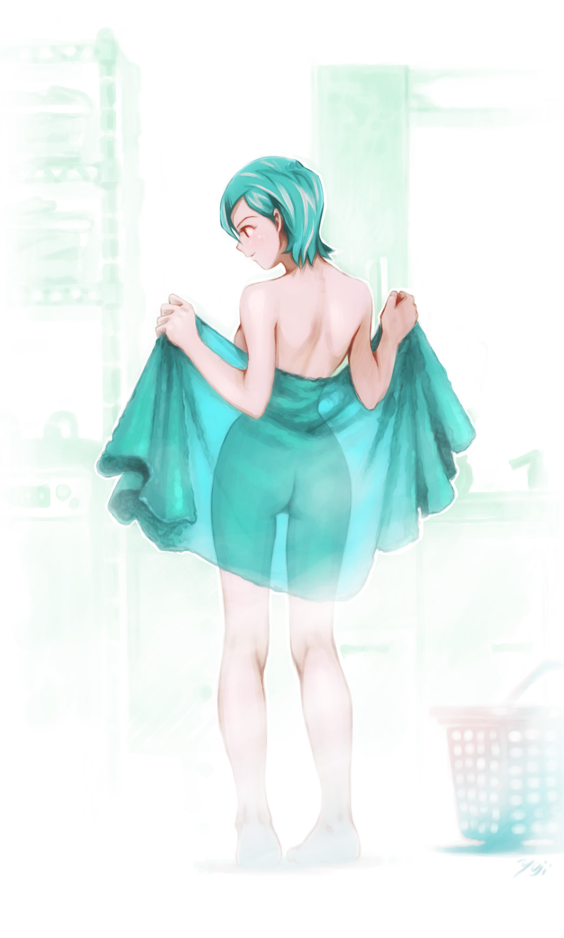 kobayashi yuji, eureka (eureka seven), eureka seven, eureka seven (series), eyebrows, highres, 00s, 1girl, aqua hair, artist name, ass, back, barefoot, breasts, feet, female focus, from behind, full body, gluteal fold, head tilt, holding, looking to the side, nude, open clothes, open towel, outstretched arms, parted lips, purple eyes, see-through clothes, simple background, small breasts, solo, spread arms, standing, towel, uncensored