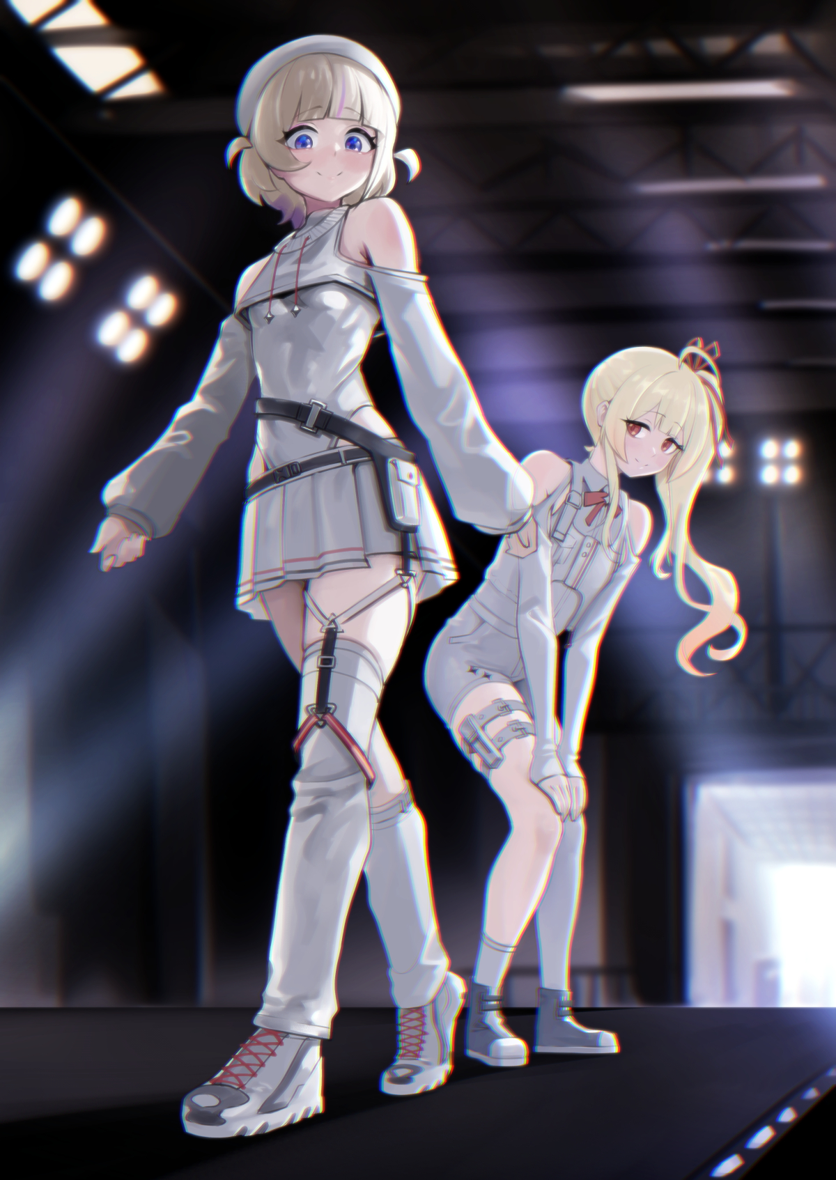 dalcom, otonose kanade, otonose kanade (regloss uniform), todoroki hajime, todoroki hajime (regloss uniform), hololive, highres, 2girls, asymmetrical legwear, beret, blonde hair, blue eyes, breasts, closed mouth, full body, hat, high side ponytail, long hair, looking at viewer, miniskirt, multiple girls, red eyes, shoes, short hair, skirt, small breasts, smile, stage, thigh strap, thighhighs, two side up, very long hair, virtual youtuber, white hat, white thighhighs