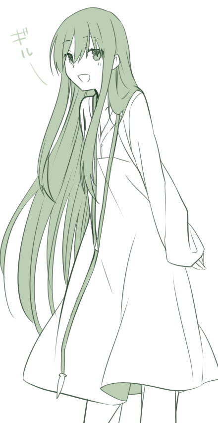 ouhina, enkidu (fate), fate/grand order, fate (series), 1other, androgynous, cowboy shot, green eyes, green hair, long hair, monochrome, other focus, robe, simple background, sketch, smile, solo, very long hair, white background, white robe