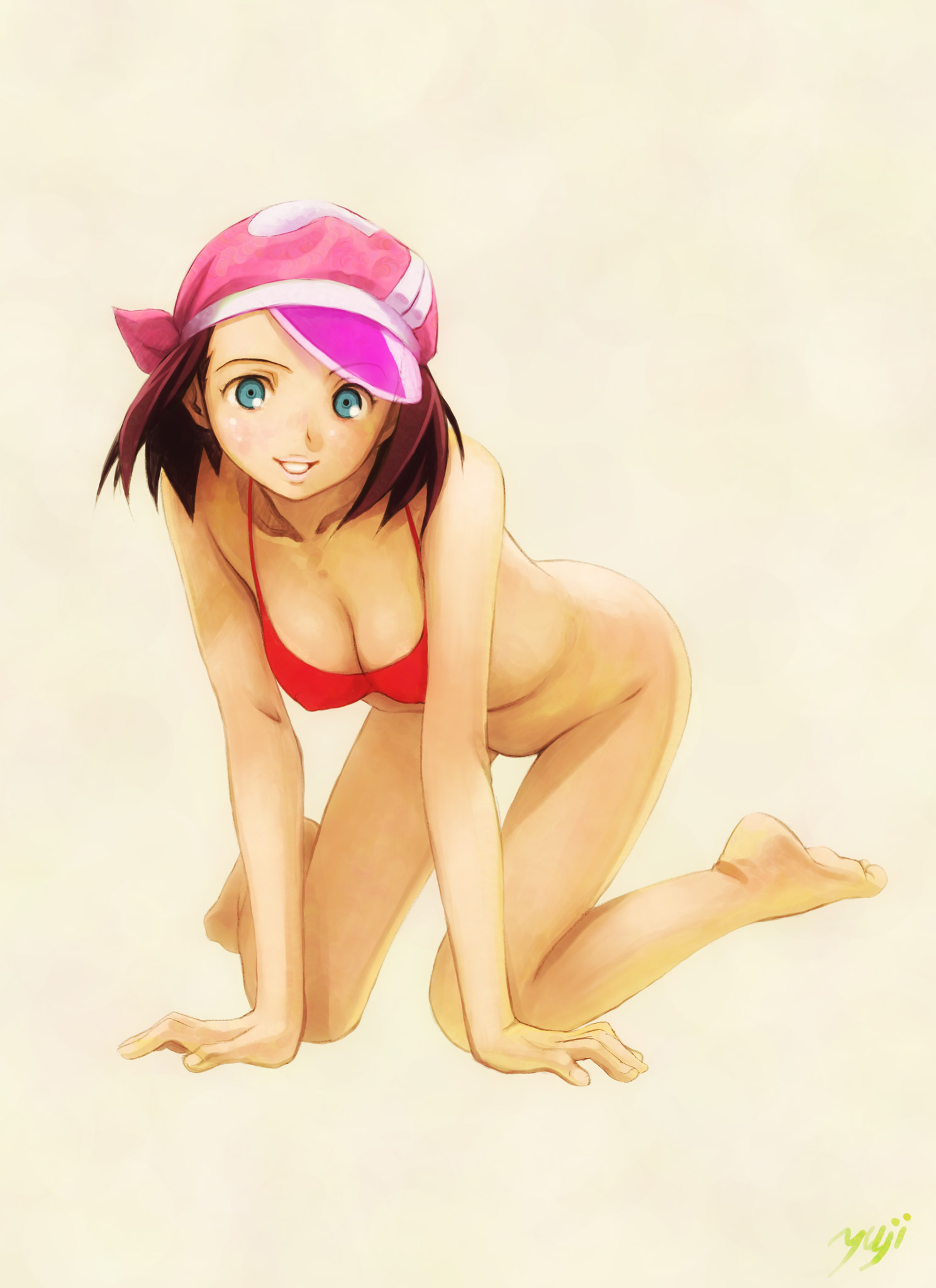 kobayashi yuji, gidget, eureka seven, eureka seven (series), highres, 00s, 1girl, all fours, aqua eyes, artist name, bare legs, barefoot, bikini, bikini top only, blue eyes, bottomless, breasts, brown hair, cleavage, feet, female focus, full body, hat, large breasts, red bikini, short hair, simple background, smile, soles, solo, swimsuit, toes