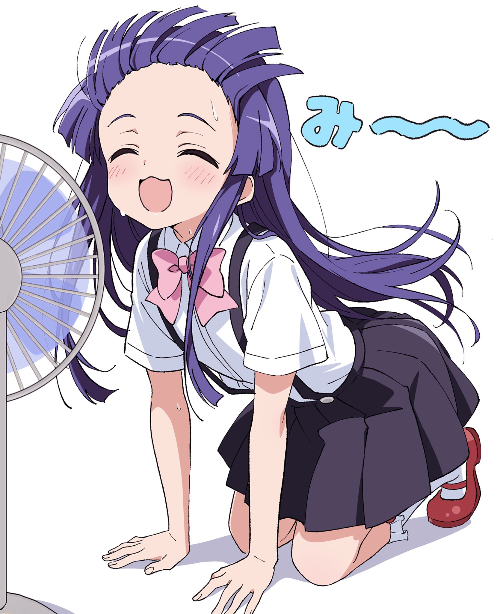 niyane, furude rika, higurashi no naku koro ni, commentary, highres, symbol-only commentary, 1girl, :3, :d, ^ ^, all fours, black skirt, blush, bow, bowtie, closed eyes, collared shirt, electric fan, fan speaking, frilled socks, frills, full body, long hair, open mouth, pink bow, pink bowtie, pleated skirt, purple hair, red shoes, shirt, shoes, short sleeves, sidelocks, simple background, skirt, smile, socks, solo, suspender skirt, suspenders, sweat, white background, white shirt, white socks