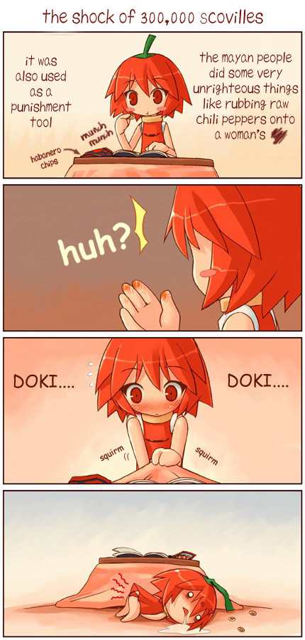 shigatake, habanero-tan, original, eyebrows, hard-translated, third-party edit, translated, 1girl, 4koma, anger vein, blush, blush stickers, book, chili pepper, comic, curious, eating, english text, female focus, food, habanero pepper, o o, pain, red eyes, red hair, saliva, solo, spicy, text focus, triangle mouth