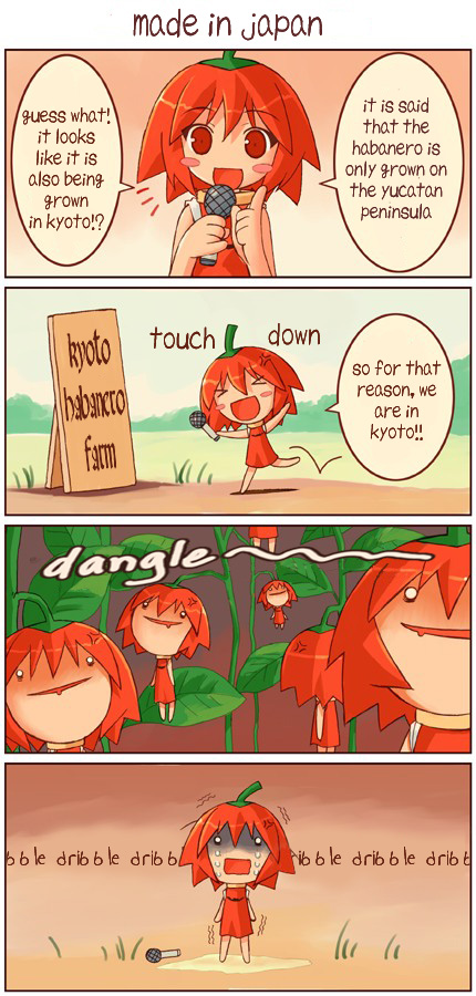 shigatake, habanero-tan, original, hard-translated, third-party edit, translated, > <, 1girl, 4koma, :d, chili pepper, closed eyes, comic, english text, habanero pepper, open mouth, smile, xd