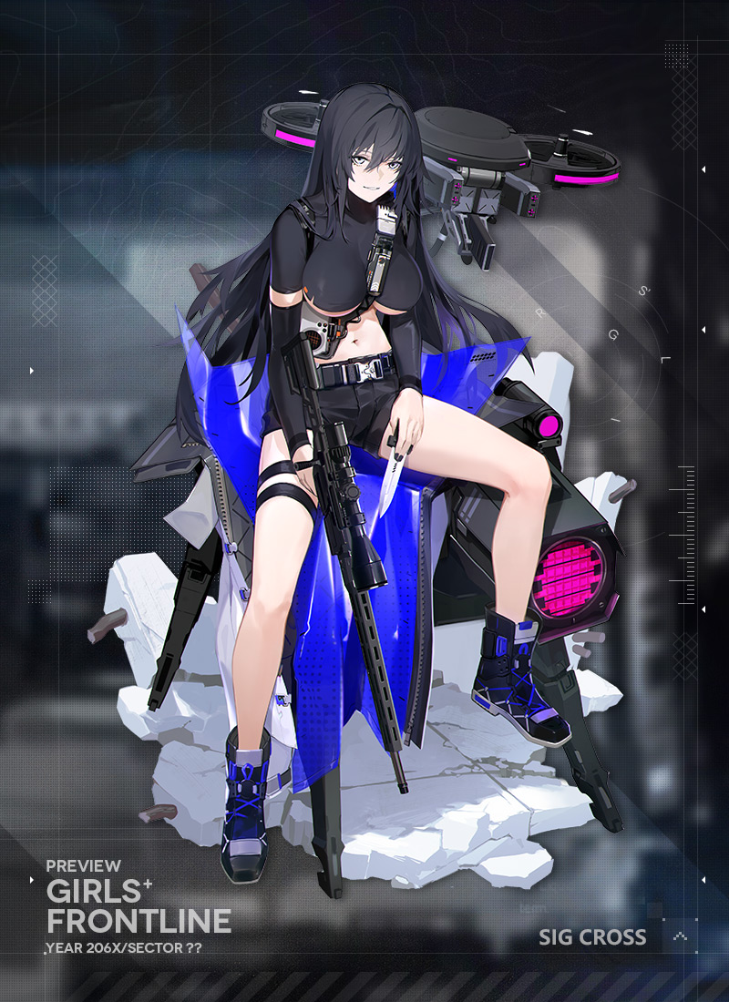 narcolepsy-1900, sig cross (girls' frontline), girls' frontline, sig sauer, official art, 1girl, ankle boots, belt, belt pouch, black belt, black pants, black shirt, body cam, boots, bra, breasts, character name, coat, crop top, drone, english text, flute, full body, grey eyes, grey hair, gun, hair between eyes, hair intakes, high collar, holding, holding gun, holding knife, holding sword, holding weapon, impossible clothes, impossible shirt, instrument, knife, large breasts, leg belt, linea alba, long hair, long sleeves, looking at viewer, midriff, navel, no bra, non-humanoid robot, open clothes, open coat, pants, pouch, recorder, rifle, robot, shadow, shirt, sidelocks, sig cross, skindentation, sniper rifle, solo, sports bra, stomach, sword, tachi-e, tactical clothes, thigh strap, toned, toned female, turtleneck, underboob, underwear, utility belt, very long hair, weapon, white coat, zoom lens