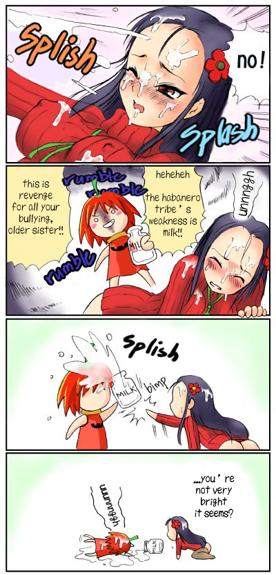 boma, habanero-neesan, habanero-tan, original, hard-translated, third-party edit, translated, 2girls, 4koma, ass, blush, breasts, chili pepper, comic, covered erect nipples, flower, habanero pepper, hair flower, hair ornament, large breasts, milk, multiple girls, sexually suggestive, suggestive fluid, turtleneck, wet