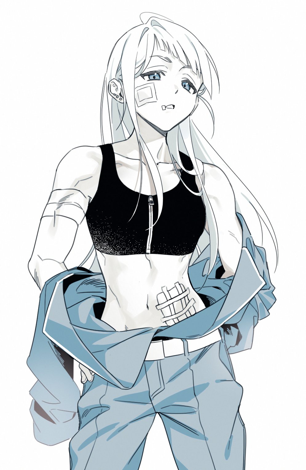 deltaa, jasmine (toshi densetsu kaitai center), toshi densetsu kaitai center, commentary request, highres, korean commentary, 1girl, bare shoulders, breasts, cowboy shot, diagonal bangs, earrings, gauze, gauze on cheek, gauze on chest, hair down, jewelry, jumpsuit, long hair, looking at viewer, medium breasts, navel, off shoulder, partially colored, simple background, solo, sports bra, standing, toned, toned female, white background