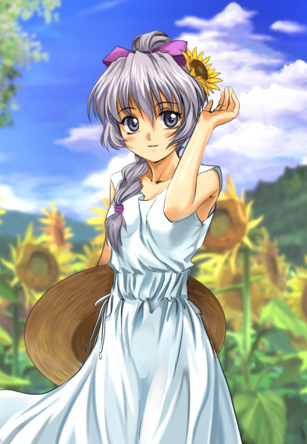 mutsuki (moonknives), teletha testarossa, fujimi shobo, full metal panic!, 00s, 1girl, dress, female focus, flower, hat, purple eyes, purple hair, ribbon, solo, sunflower