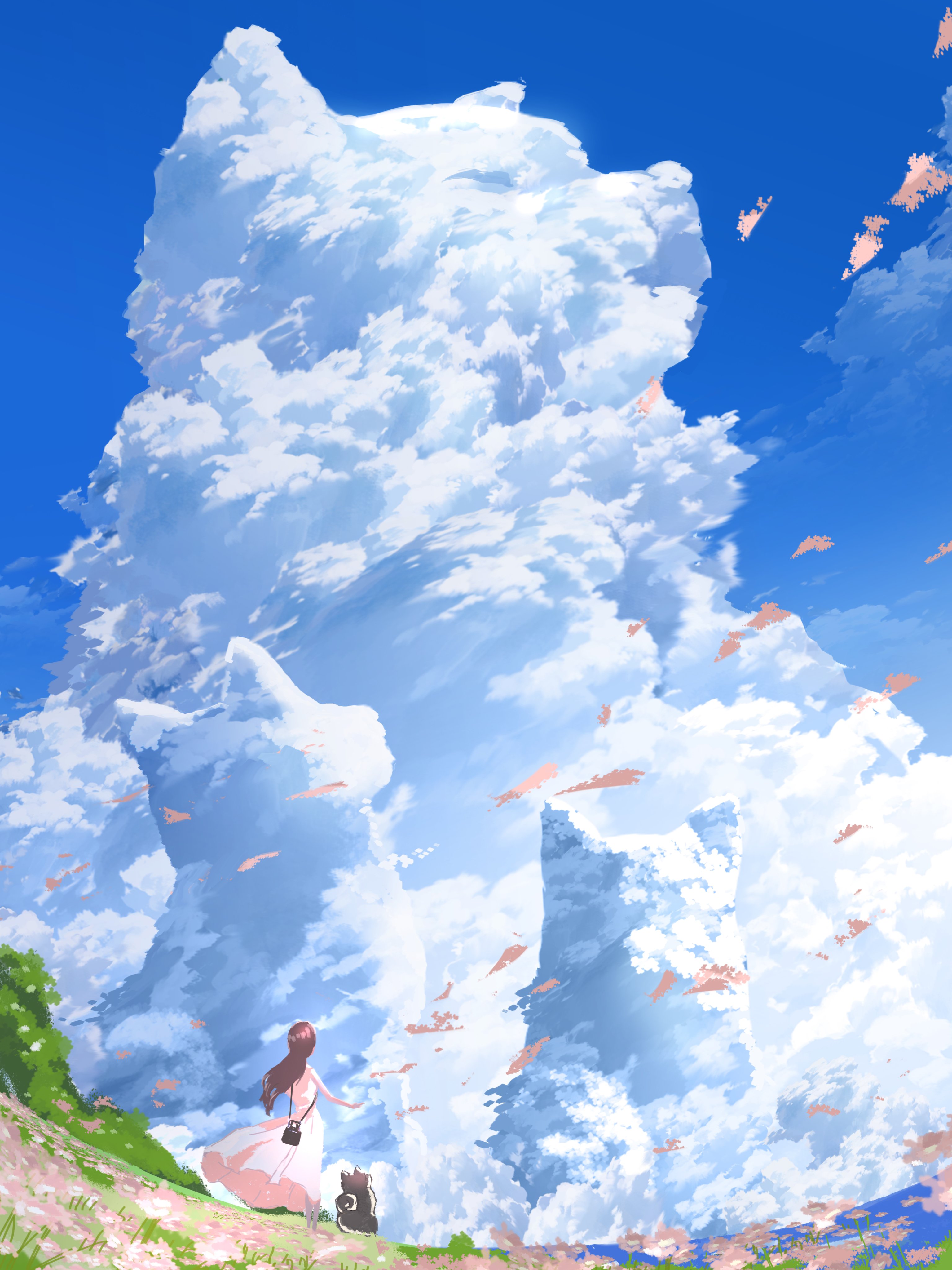 makoron117117, original, absurdres, commentary request, highres, 1girl, blue sky, brown hair, cloud, cloud focus, cloudy sky, day, dog, dress, fisheye, floating clothes, floating hair, flower, long dress, long hair, outdoors, pink dress, pink flower, shaped cloud, sky, solo, very wide shot, wind