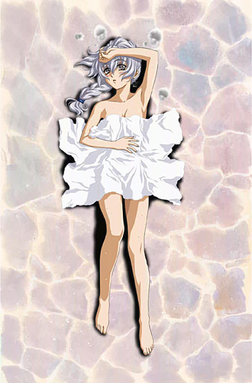 teletha testarossa, full metal panic!, 00s, 1girl, barefoot, bed sheet, feet, female focus, lying, naked sheet, nude, solo, toes, towel