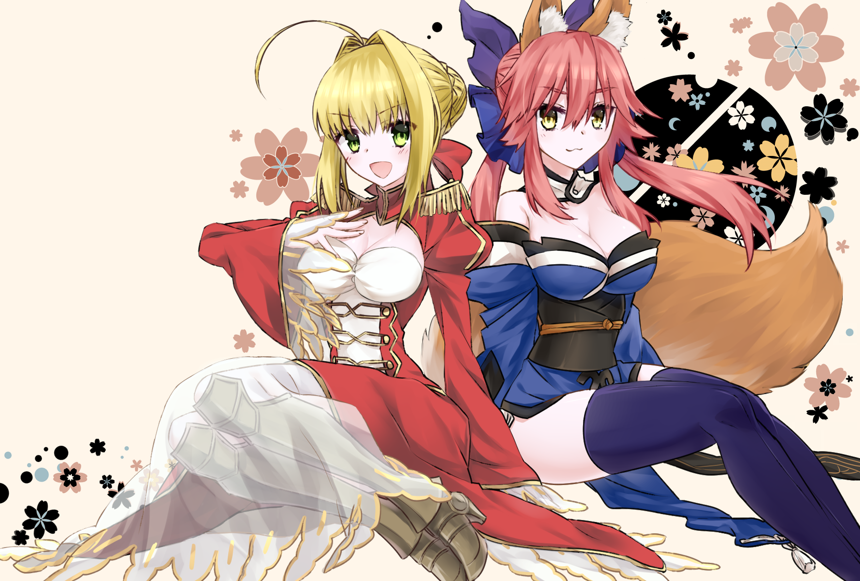 ouhina, tamamo (fate), tamamo no mae (fate), fate/extra, fate (series), highres, 2girls, :3, ahoge, animal ear fluff, animal ears, blonde hair, blue kimono, blue thighhighs, breasts, cleavage, epaulettes, eyelashes, feet out of frame, floral background, fox ears, fox girl, fox tail, green eyes, huge ahoge, japanese clothes, kimono, large breasts, large tail, light blush, long hair, multiple girls, obi, obijime, open mouth, pale skin, pink hair, sash, sidelocks, smile, split ponytail, tail, thighhighs, yellow eyes