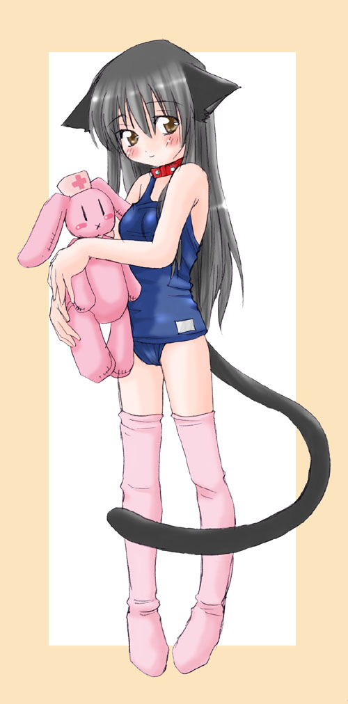 1girl, animal ears, cat ears, collar, female focus, loli, one-piece swimsuit, pink thighhighs, school swimsuit, solo, stuffed animal, stuffed rabbit, stuffed toy, swimsuit, thighhighs