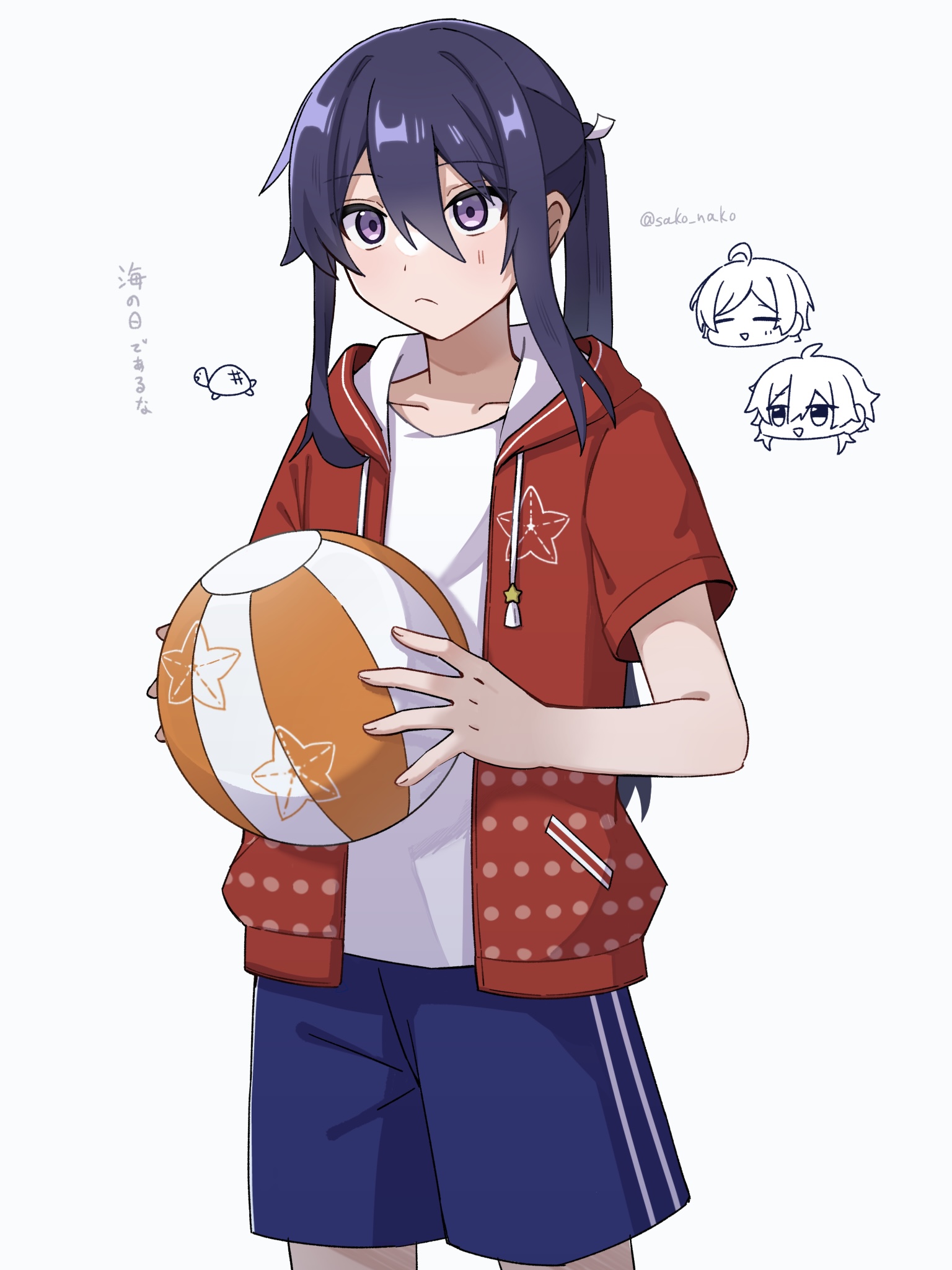 hakaze kaoru, kanzaki souma, shinkai kanata, ensemble stars!, highres, 1boy, :d, ahoge, ball, beachball, blue shorts, chibi, chibi inset, closed eyes, closed mouth, collarbone, cowboy shot, double-parted bangs, drawstring, e7fe97lnor97074, frown, hair between eyes, holding, holding ball, holding beachball, hood, hoodie, kamegorou, long hair, looking up, male focus, motoyui, nervous, official alternate costume, open clothes, open hoodie, open mouth, parted bangs, ponytail, purple eyes, purple hair, red hoodie, shirt, short hair, short sleeves, shorts, simple background, smile, solo focus, star (symbol), sweatdrop, turtle, white background, white shirt, wide-eyed