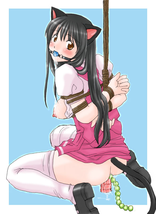 1girl, anal, anal beads, animal ears, ball gag, bdsm, black shoes, black thighhighs, bondage, bound, cat tail, dildo, female focus, gag, gagged, nipples, object insertion, sex toy, shibari, shoes, solo, tail, thighhighs, vaginal, vaginal object insertion, white thighhighs, wiffle gag